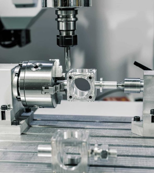 Precision milling CNC machine tool makes part. Metalworking.